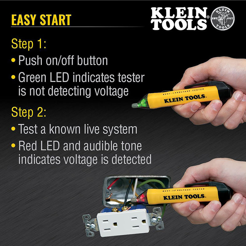 [Australia - AusPower] - Klein Tools NCVT1P Voltage Tester, Non-Contact Voltage Detector Pen, 50V to 1000V AC, Audible and Flashing LED Alarms, Pocket Clip NCVT Pen 