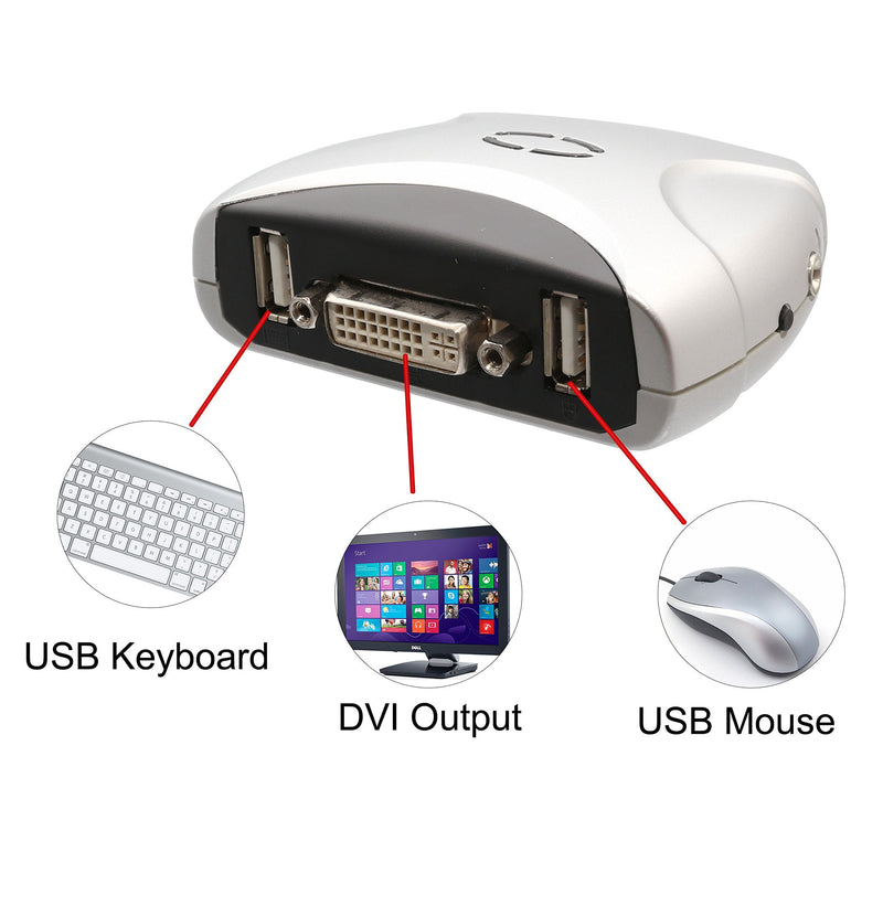 [Australia - AusPower] - 2 Port KVM Switch 1920 X 1200 - DVI W/ Audio and USB 2.0 Hub – Display/ Screen KVM Switch - DVI 3.9 ft Cables 2 Port DVI + USB 2.0 with Audio / Mic 