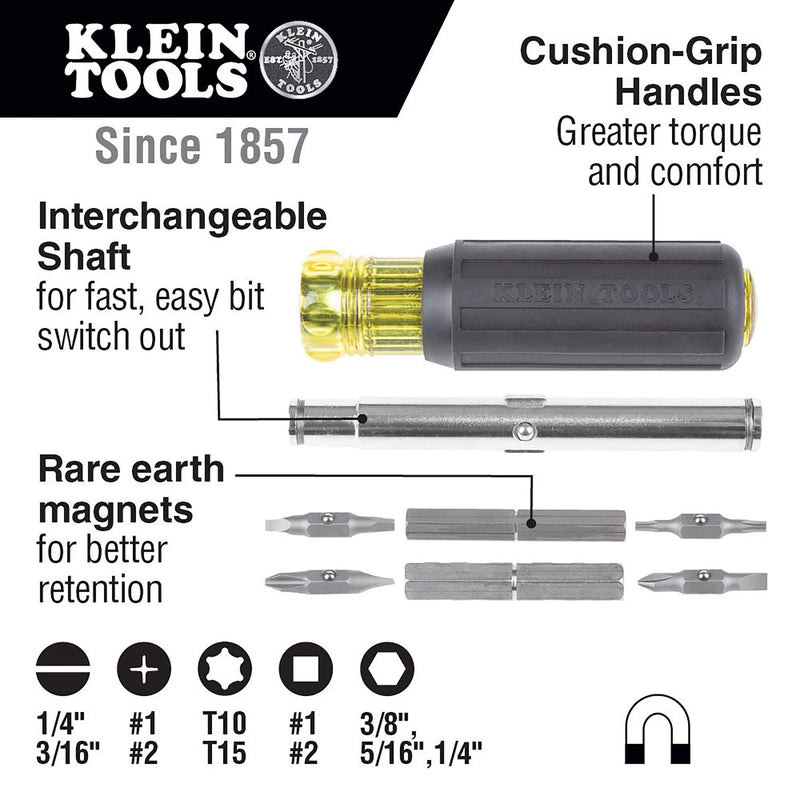 [Australia - AusPower] - Klein Tools 32500MAG Magnetic Multi-Bit Screwdriver / Nut Driver, 11-in-1 Multi Tool with 8 Bits, 3 Nut Driver Sizes, Cushion Grip Handle 