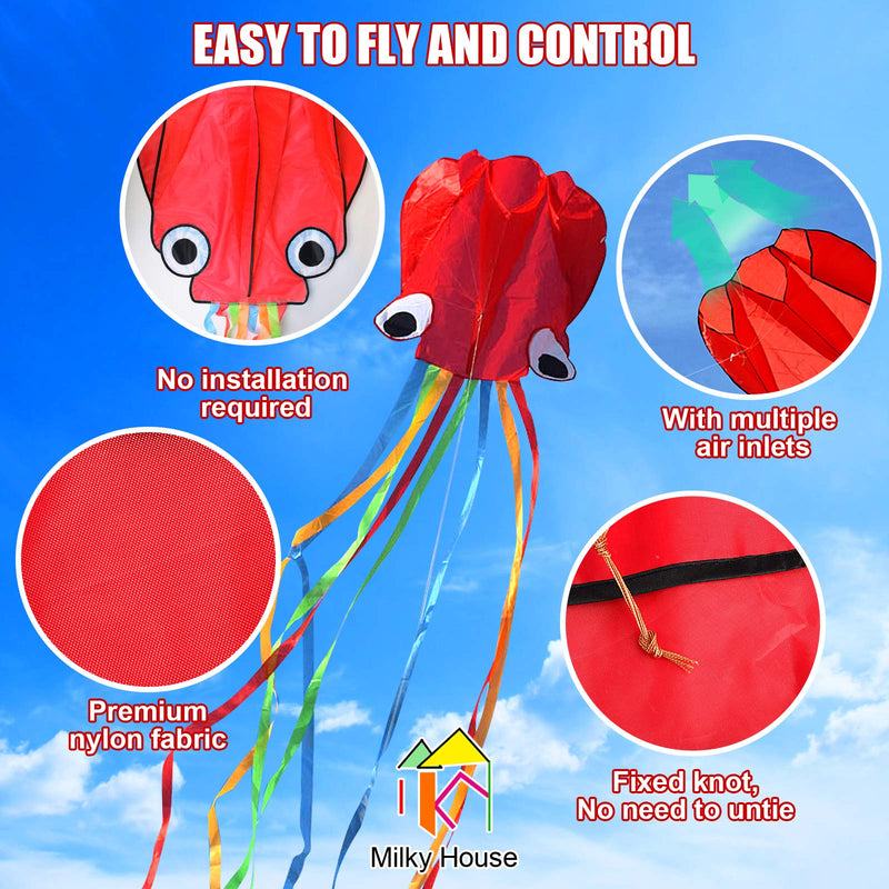 [Australia - AusPower] - 3 Pack Octopus Kite, 3D Kite Long Tail Easy Flyer Kite Beach Kites People Adults Gift 3 Colors (Blue Green Red) Kites for Kids Easy To Fly, Kite Kit with Kite String 100M, Kiteboarding Kite for Adults 