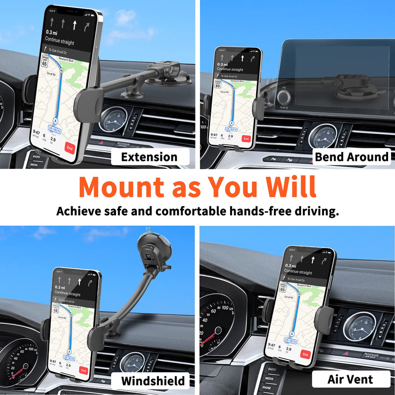 [Australia - AusPower] - 1Zero Car Phone Holder Mount [Flexible Gooseneck Long Arm] Hands-Free Cell Phone Holder for Car [Case Friendly] Dashboard Windshield Air Vent Smartphone Holder Strong Suction Cup Anti-Shake Stabilizer 