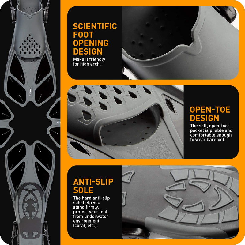 [Australia - AusPower] - CAPAS Swim Fins, Snorkel Fins with Travel Size Short Fins for Snorkeling Diving Adjustable Open Heel Flippers for Men Women Youth Black Kids JR 9-13 S/MD 
