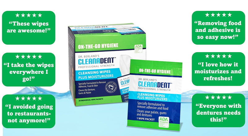 [Australia - AusPower] - Dr. B Dental Solutions Cleanadent Dental Wipes, Denture Cleaner Removes Adhesives, Food, Stains, and Odor 30 Count Pack 