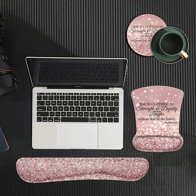 [Australia - AusPower] - Ergonomic Mouse Pad Wrist Support Gel and Keyboard Wrist Rest Set Proverbs 31:25,Bible Verse Pink Glitter Design for Laptop, Mac, Gaming and Office, Durable, Comfortable and Pain Relief + Coaster Yu-mousepad-2-3 