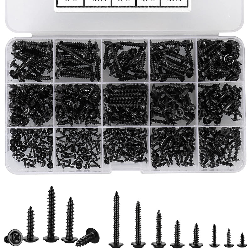 [Australia - AusPower] - HanTof 420pcs M2 M3 M4 Phillips Truss Head Self-Tapping Screws,Wafer Head Screws, Pan Head with Washer Wood Screws,13 Sizes Self Tapping Screws Assortment Kit,Black Carbon Steel Black 