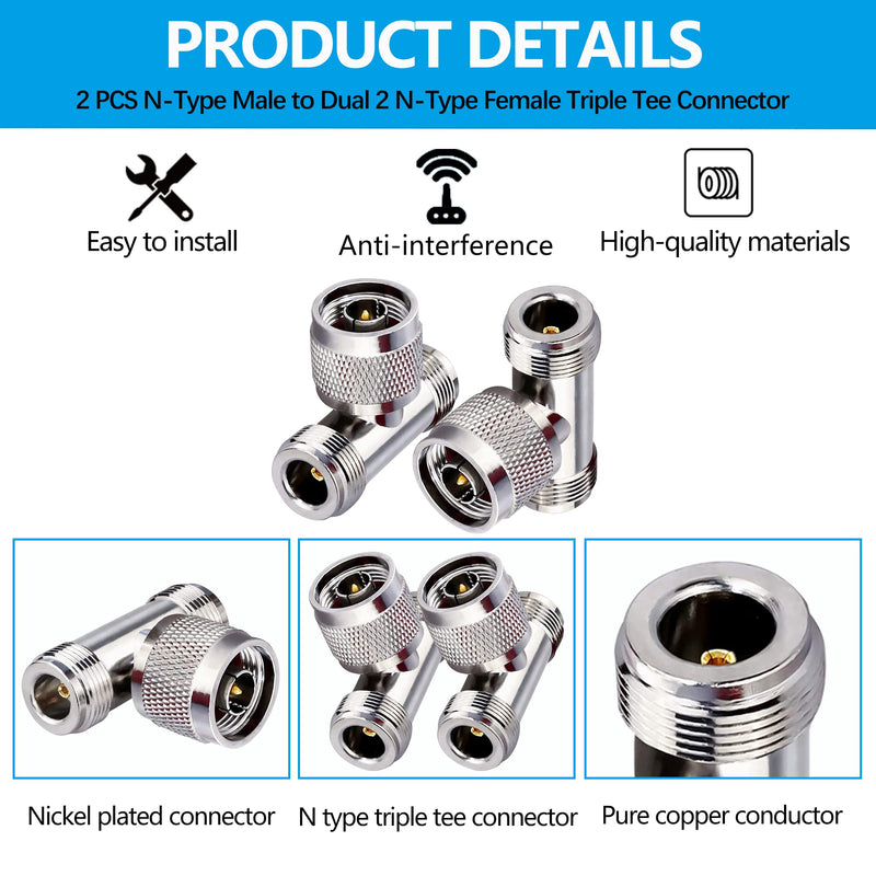 [Australia - AusPower] - TUOLNK 2 Pack N-Type Male to Dual 2 N-Type Female Triple Tee Connector N Type Coax Adapter T Shape 3-Way Splitter for Extension Cable T Type Triple 