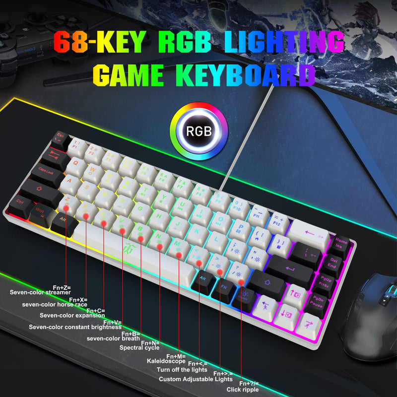 [Australia - AusPower] - Snpurdiri 60% Gaming Keyboard, RGB Backlit Mini Keyboard,Built-in Steel Plate, Membrane Keyboard but Super Mechanical Feel for Windows PC Gamers(68 Keys,White-Black) White Black 