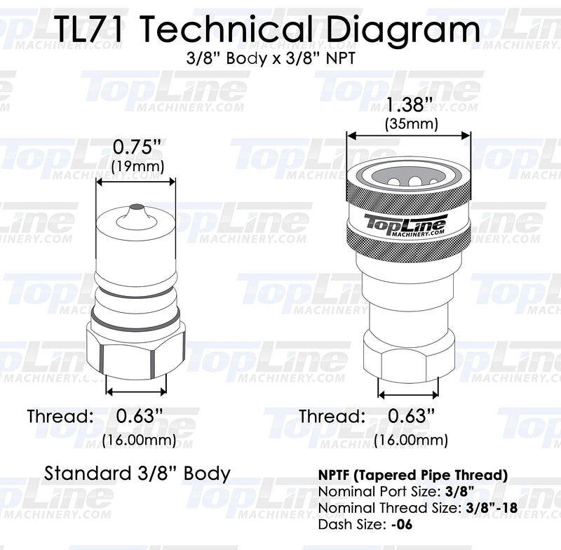 [Australia - AusPower] - TL71 3/8" NPT Thread Hydraulic Coupler Set ISO 7241-B 3/8 body Poppet Bobcat Skid Steer Coupling with Dust Caps 