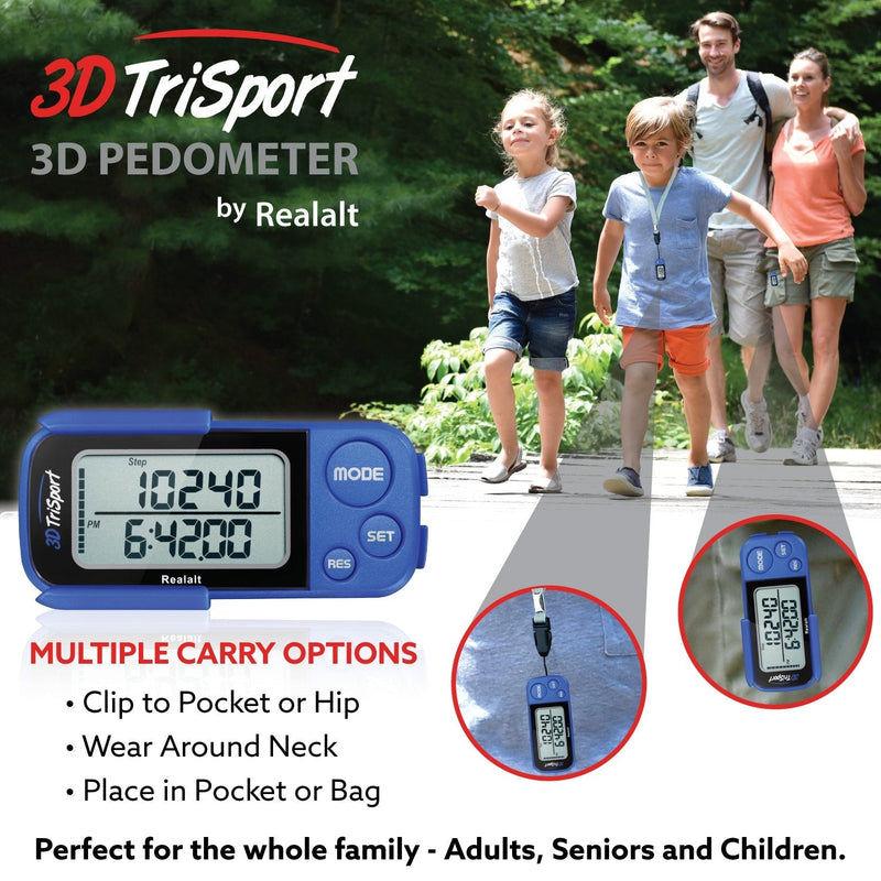 [Australia - AusPower] - Realalt 3DTriSport Walking 3D Pedometer with Clip and Strap, Free eBook | 30 Days Memory, Accurate Step Counter, Walking Distance Miles/Km, Calorie Counter, Daily Target Monitor, Exercise Time. 