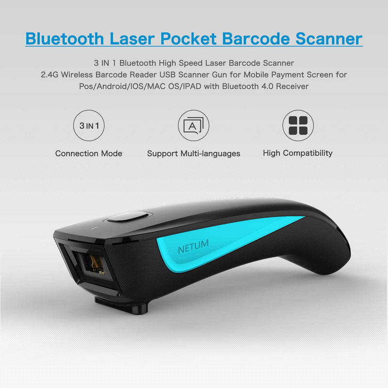 [Australia - AusPower] - NETUM Bluetooth Barcode Scanner, Wireless 1D Laser USB Bar Code Reader Compatible with Smart Phone, Tablet, PC for Store, Supermarket, Warehouse - C830 