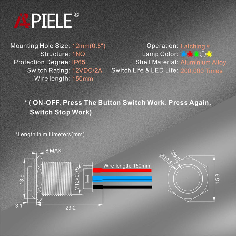 [Australia - AusPower] - APIELE 12mm Latching Push Button Switch Pre-Wired 150mm High Round Head Aluminium Alloy 1NO 1 Normally Open with Ring Led Pack of 2 (Blue) 150mm Pre-wired Blue 