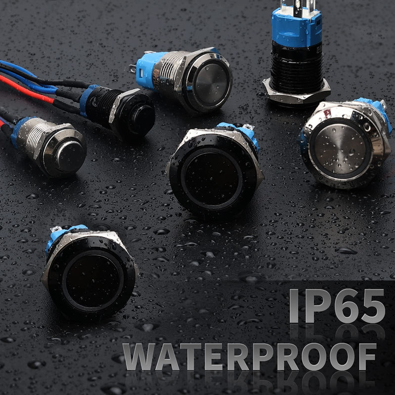 [Australia - AusPower] - Starelo 5pcs 12mm Latching led Push Button Switch Black Shell with pre-Wiring, IP65 Waterproof Push Button Switch,1NO 1 Normally,Self-Locking with LED(Blue). 12mm Black Shell 