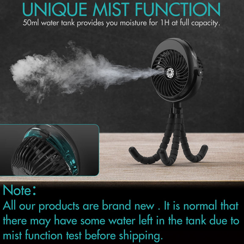 [Australia - AusPower] - Misting Stroller Fan, 2500mAh Battery Powered Personal Desk Air Circulator Fan with Flexible Tripod, Ultra Quiet 3 Speed 270° & 360° Rotatable USB Fan for Stroller Office Camping Hurricane Outage,Black Black 
