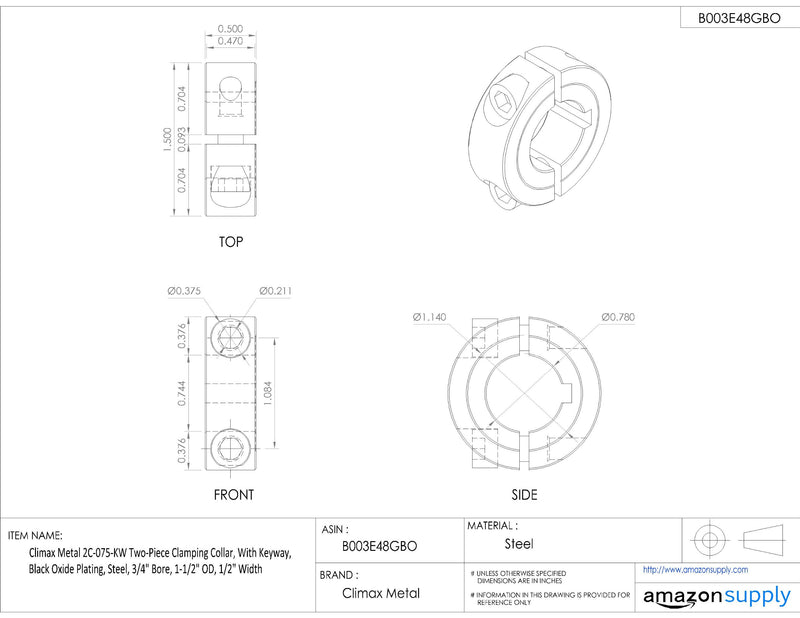 [Australia - AusPower] - Climax Metal 2C-075-KW Two-Piece Clamping Collar, With Keyway, Black Oxide Plating, Steel, 3/4" Bore, 1-1/2" OD, 1/2" Width 