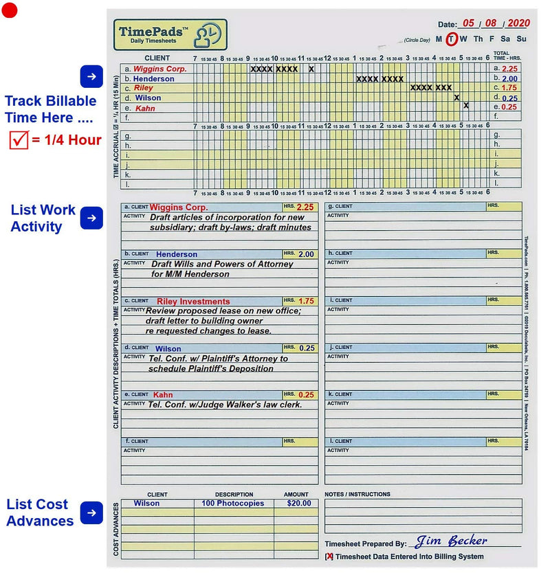 [Australia - AusPower] - Timesheets for Attorneys, Paralegals & Law Firms - [50/Pack] - Easy"Check-The-Box" Timekeeping System Logs 100% of Your Billable Time. Increases Billings & Revenue. 8.5x11”. Time Sheets by TimePads. 