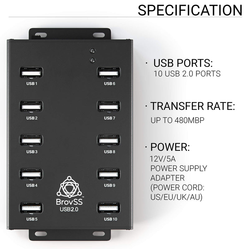 [Australia - AusPower] - BrovSS: 10 Ports USB 2.0 Powered Hub - USB Extension Splitter with 12V 5A 60W Power Adapter. Connect up to 10 Electronics and USB peripherals. (Black) 10 port (12V/5A) 