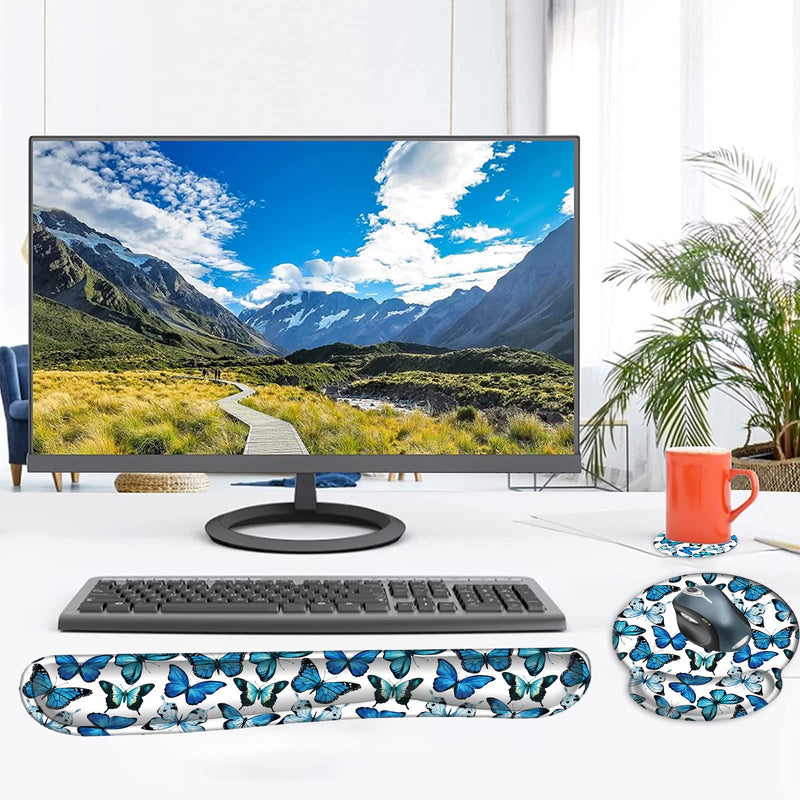 [Australia - AusPower] - Mouse Pad Wrist Support and Keyboard Wrist Rest Pad with Coaster,Non-Slip Rubber Base Ergonomic Gaming Mousepad for Home Office Working Studying Easy Typing & Pain Relief,Blue Butterflies Blue Butterflies 