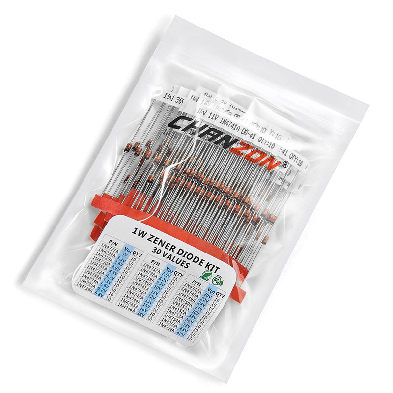 [Australia - AusPower] - Chanzon 30 Values 300pc 1W Zener Diode Assorted Kit (3V 3.3V 3.6V 3.9V 4.3V 4.7V 5.1V 5.6V 6.2V 6.8V 7.5V 8.2V 9.1V 10V 11V 12V 13V 15V 16V 18V 20V 22V 24V 27V 30V 33V 36V 39V 43V 47V) Assortment Set 
