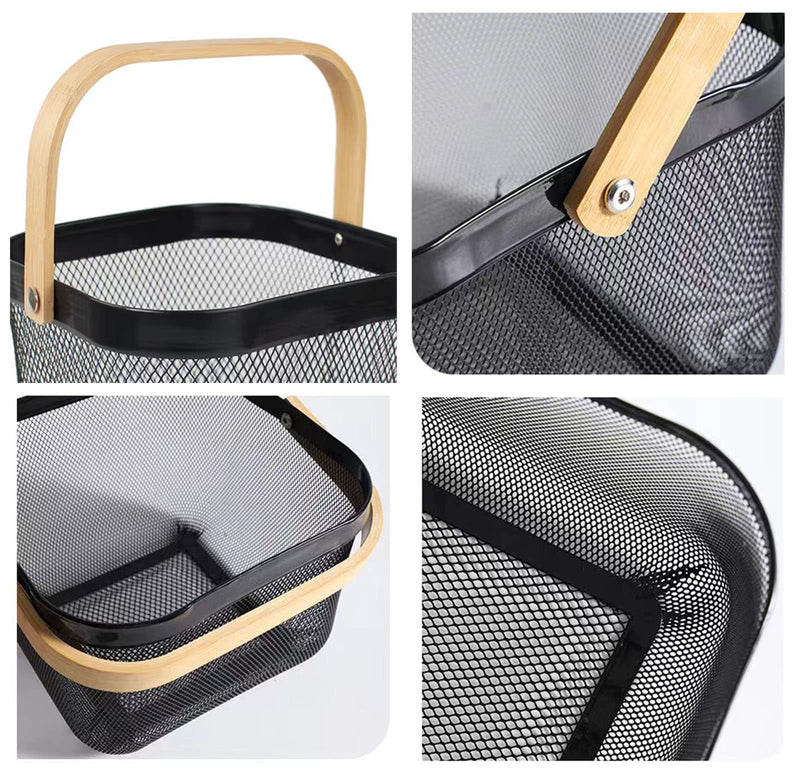 [Australia - AusPower] - AJIODA Metal Mesh Steel Basket, Storage Organizer Basket Multi-functional Hanging Kitchen Baskets Fruit Basket Bin with Bamboo Handle for Kitchen Bathroom Picnic Shopping Decor Cabinet Home, Black 