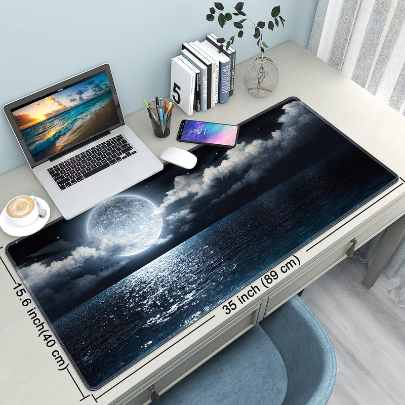 [Australia - AusPower] - Desk Mat,Large Mouse Pad 35''×15.6''×0.12'' XXL Extended Gaming Mouse Pad Mat with Non-Slip Base Stitched Eges Mousepad for Computer,Office,Keyboard and Laptop - Moon Ocean A-Moon Ocean 