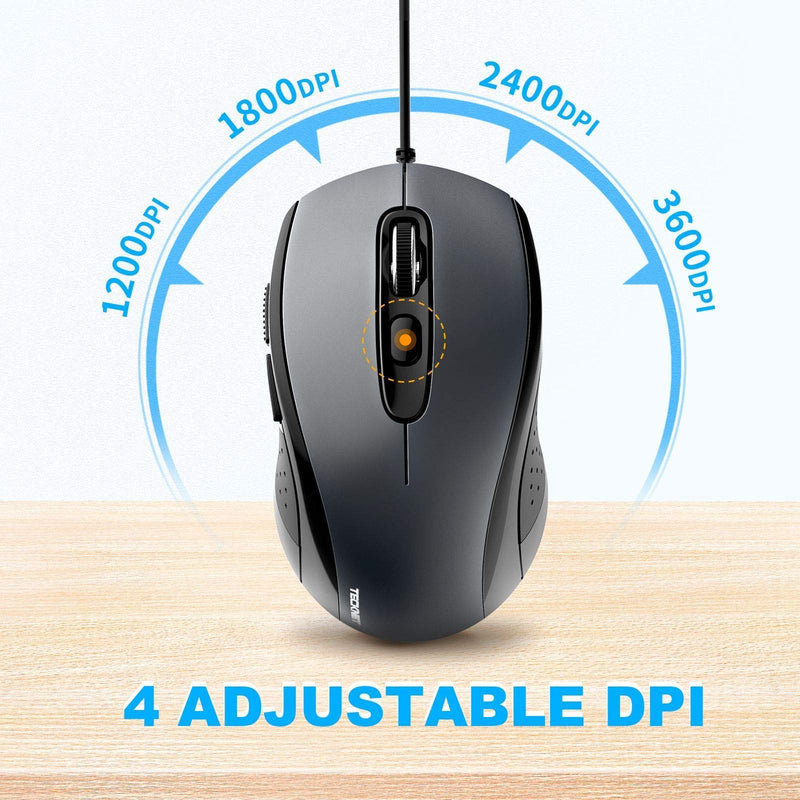 [Australia - AusPower] - TECKNET Wired Mouse, USB Wired Computer Mouse, 3600DPI 4 Adjustable Levels, 6-Button Ergonomic Mice, Home and Office Mouse for Laptop PC Desktop Notebook - Grey 