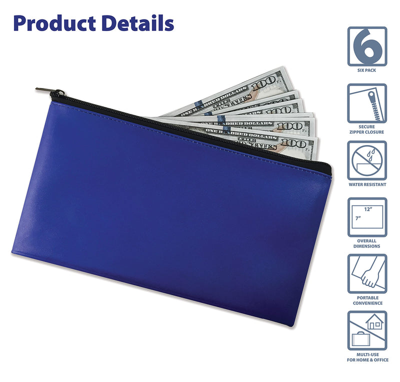 [Australia - AusPower] - 6 Pack, Zippered Security Bank Deposit Bag, by Better Office Products, Leatherette, Cash Bag, Coin Bag, Utility Pouch, Blue, 6 Bags 