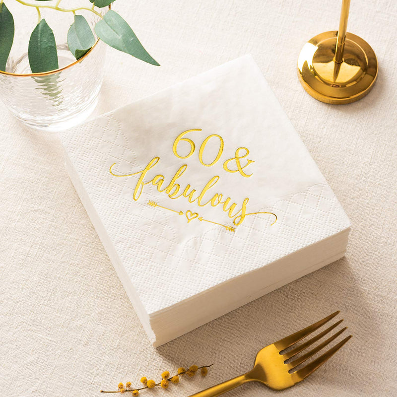 [Australia - AusPower] - Crisky 60 and Fabulous Cocktail Napkins Gold for Women 60th Birthday Decorations, 60th Birthday Bevergae Dessert Table Supplies, 50Pcs, 3-Ply 