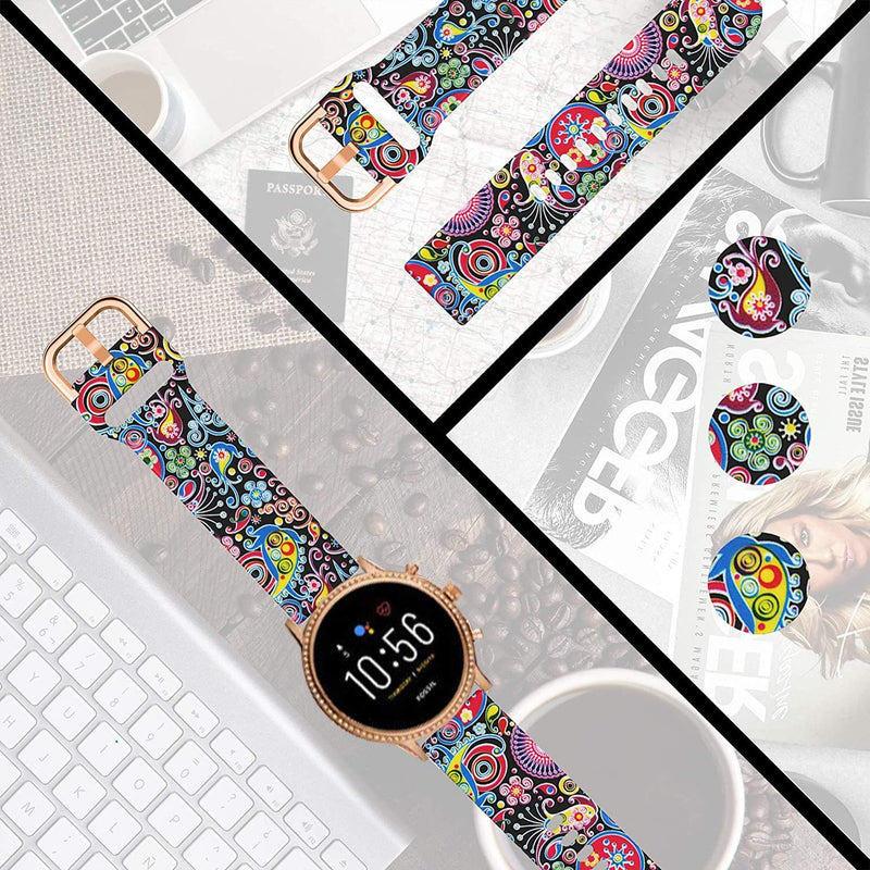 [Australia - AusPower] - ViCRiOR 22mm Bands Compatible with Fossil Gen 5 Julianna 2019 Release Women's Smart Watch, Soft Silicone Fadeless Pattern Printed Floral Replacement Band for Fossil Gen 5 Carlyle 3 Pack（Leopard+ Rose Flower+Jellyfish） 
