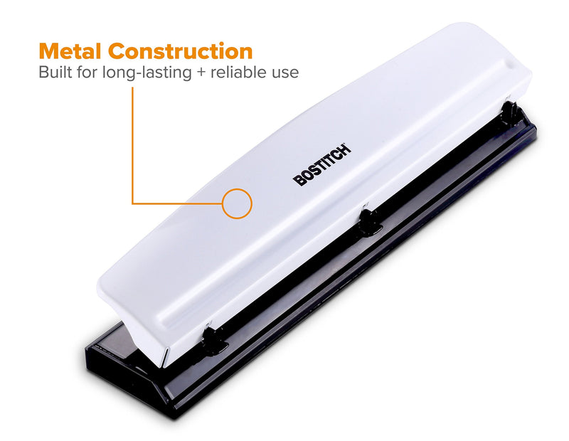 [Australia - AusPower] - Bostitch Office 3 Hole Punch, Durable Metal,Rubber Base, 12 Sheets, White (KT-HP12-WHITE), 1-Pack 