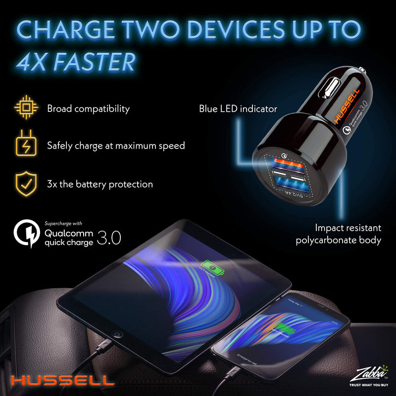 [Australia - AusPower] - Hussell Car Charger Adapter - 3.0 Portable USB w/Fast Charge Technology & Dual Ports - Compatible w/Apple iPhone, Android, Tablet or Other USB Device - White Elephant, Stocking Stuffers 