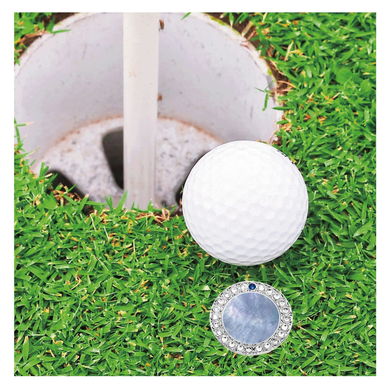 [Australia - AusPower] - E TRUEE Golf Ball Marker Hat Clip with Natural Mother of Pearl and Premium Crystal Golf Marker, Best Golf Gifts and Golf Accessories for Women blue pearl with blue crystal (silver clip) 