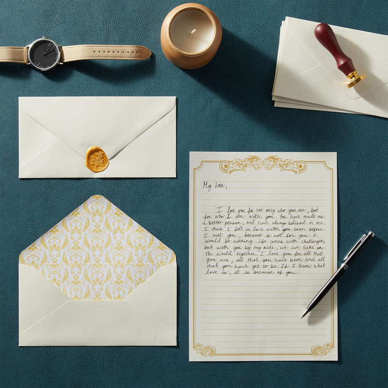 [Australia - AusPower] - 60 Sheets Vintage Stationery Paper and Envelopes Letter Set, Gold Border (7.25 x 10.2 In) 