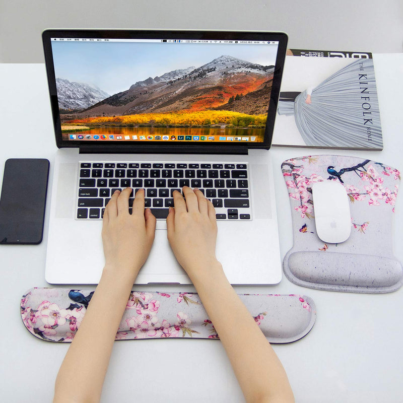 [Australia - AusPower] - Ergonomic Keyboard Wrist Rest and Mouse Pad Wrist Rest Support Set,Comfortable & Lightweight Memory Foam Computer/Gaming/Office Wrist Set for Easy Typing & Pain Relief by AORTDES(Bird and Pink Flower) Kmwrp-19 