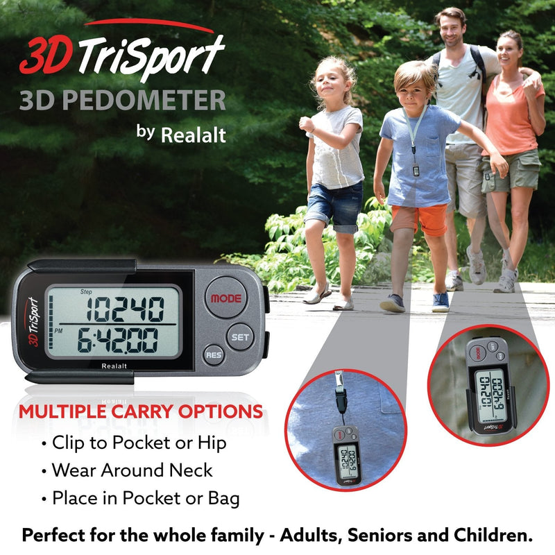 [Australia - AusPower] - Realalt 3DTriSport Walking 3D Pedometer with Clip and Strap, Free eBook | 30 Days Memory, Accurate Step Counter, Walking Distance Miles/Km, Calorie Counter, Daily Target Monitor, Exercise Time. Grey/Black 