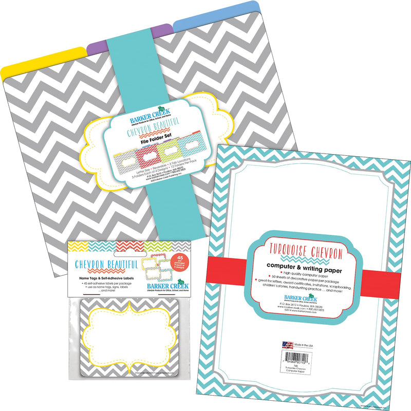 [Australia - AusPower] - Barker Creek Get Organized Office Kit, Beautiful Chevron, with 12 Coordinating File Folders, 50 Sheets of Colorful Computer Paper, and 45 Versatile Self-Adhesive Labels/Name Tags (111) 