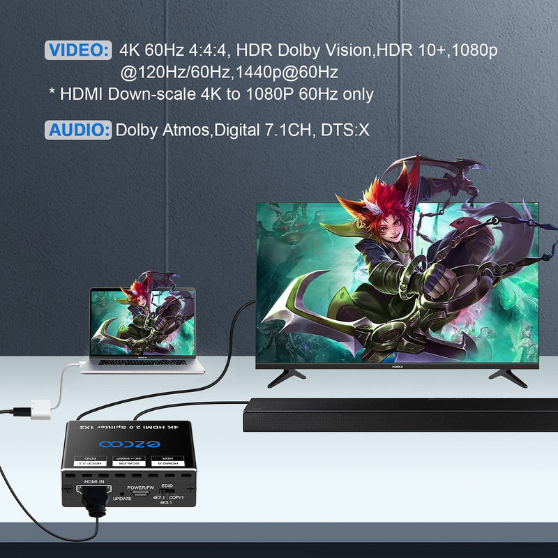[Australia - AusPower] - HDMI Splitter 1x2 4K 60Hz 444 D-o-l-b-y Vision Atmos,4K HDMI Down-Scaler, EDID Switch 4K 5.1/4K 7.1/ Copy for Game PS 5 1080p 120Hz EZSP12H2 