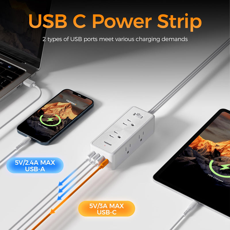 [Australia - AusPower] - Surge Protector Power Strip, TESSAN Ultra Thin Flat Plug 5 ft with 6 AC Outlets 4 USB (1 USB C) Ports, Extension Cord with Multiple Outlets Protection for Home, Office, Dorm Room, White 