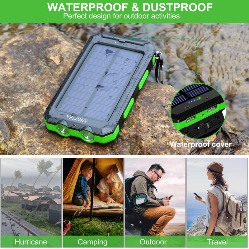 [Australia - AusPower] - Solar Charger,YELOMIN 20000mAh Portable Waterproof Solar Power Bank for Cellphones,External Backup Pack Battery Dual USB Outputs/LED Flashlights,Compatible with Tablets and Other Devices(Light Green) Light Green 