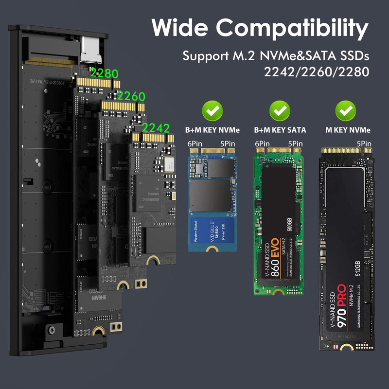 [Australia - AusPower] - M.2 NVMe SSD Enclosure Adapter Tool-Free, USB C 3.1 Gen 2 10Gbps, 6Gbps SATA PCIe M-Key(B+M Key), RGB Aluminum Case Support UASP Trim for SSD Size 2242/2260/2280 