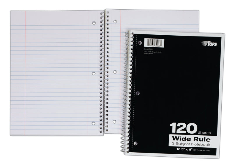 [Australia - AusPower] - TOPS 3 Subject Spiral Notebook, Wide Ruled, 120 Sheets, White, 10.5 x 8 Inches (65063) 