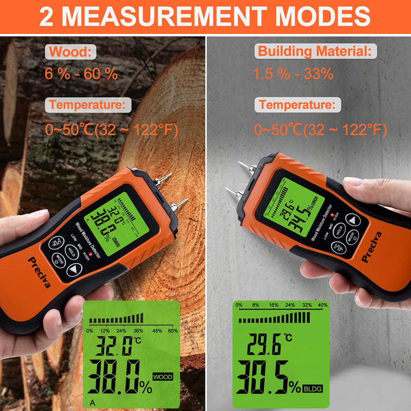 [Australia - AusPower] - Wood Moisture Meter, Preciva Digital Moisture Detector, Wood Humidity Tester, Water Leak Detector with 8 Modes, Wood and Building Material Dampness Inspection with Backlit LCD Display (Black) Black 