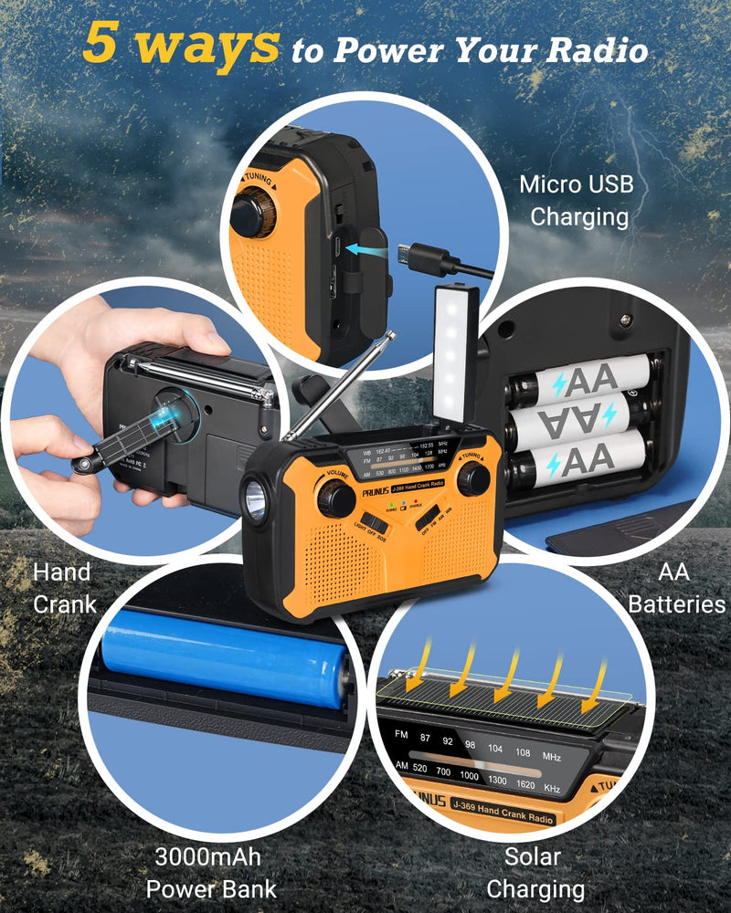 [Australia - AusPower] - PRUNUS Emergency NOAA Weather Radio 5 Way Powered: Solor/Hand Crank/USB/AA Batteries/Rechargeable Batteries, LED Flashlight and Reading Lamp, AM FM, 3000mAh Power Bank Cellphone Charger, J-369 Yellow 
