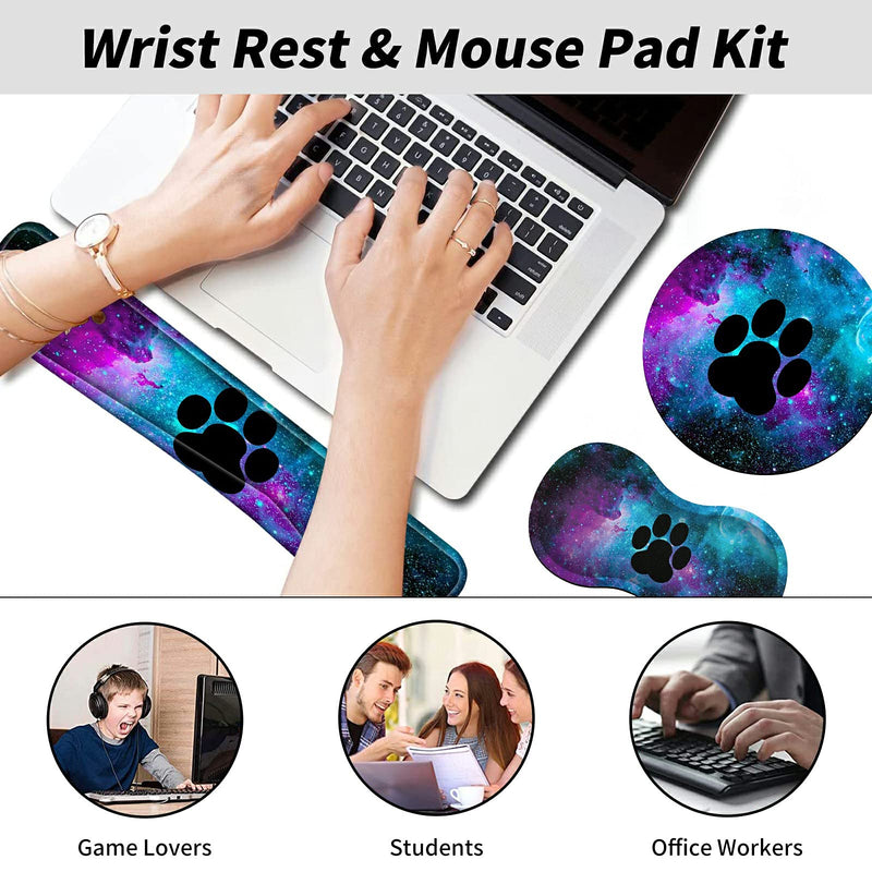 [Australia - AusPower] - Mouse Pad Wrist Support Keyboard Wrist Rest Combo+Cup Coaster [4-in-1] , Easy Typing Pain Relief, Memory Foam Gel Elbow Cushion Mousepad Set for Computer Laptop Office Home - Paw Galaxy 
