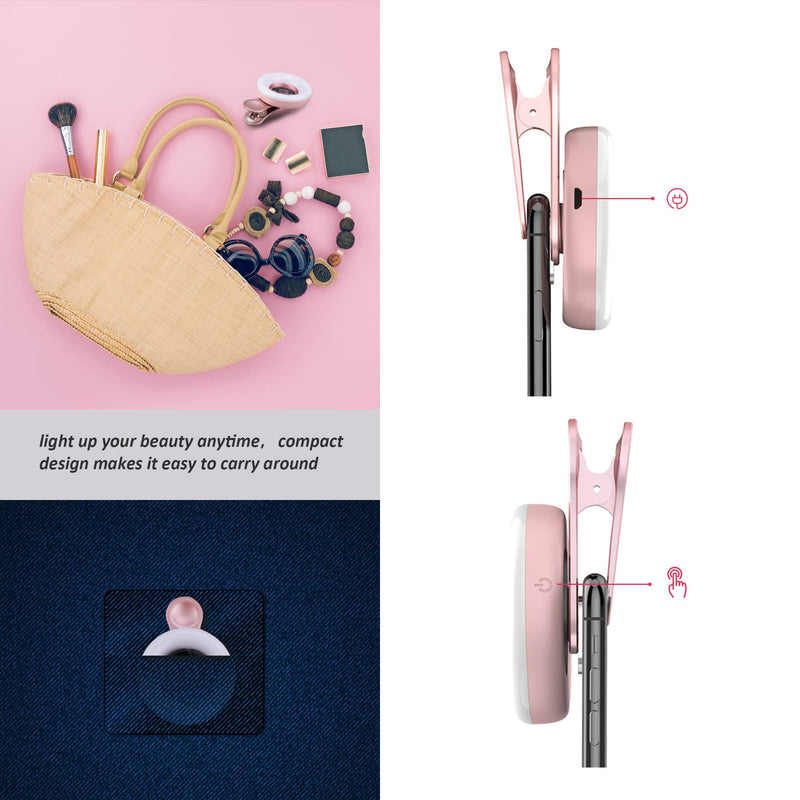 [Australia - AusPower] - Macro Lens for iPhone and Android with Mini Clip Ring Light, Portable Rechargeable Dimming, for Smart Phone Photography, Camera Video Recording, VLOG Pink 