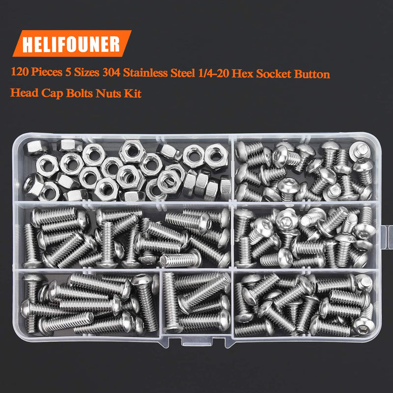 [Australia - AusPower] - HELIFOUNER 120 Pieces 5 Sizes 304 Stainless Steel 1/4-20 x 3/8" 1/2" 5/8" 3/4" 1" UNC Thread Hex Button Head Cap Bolts Kit 