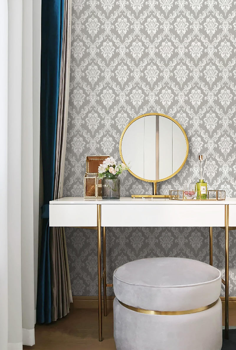 [Australia - AusPower] - Micpolo Peel and Stick Wallpaper Grey and White Contact Paper for Cabinets and Drawers Damask Wallpaper Removable Grey Peel and Stick Wallpaper for Bedroom Bathroom Shelf Liner Wall Decor 17.7"Ã—78" 17.7"X78" 
