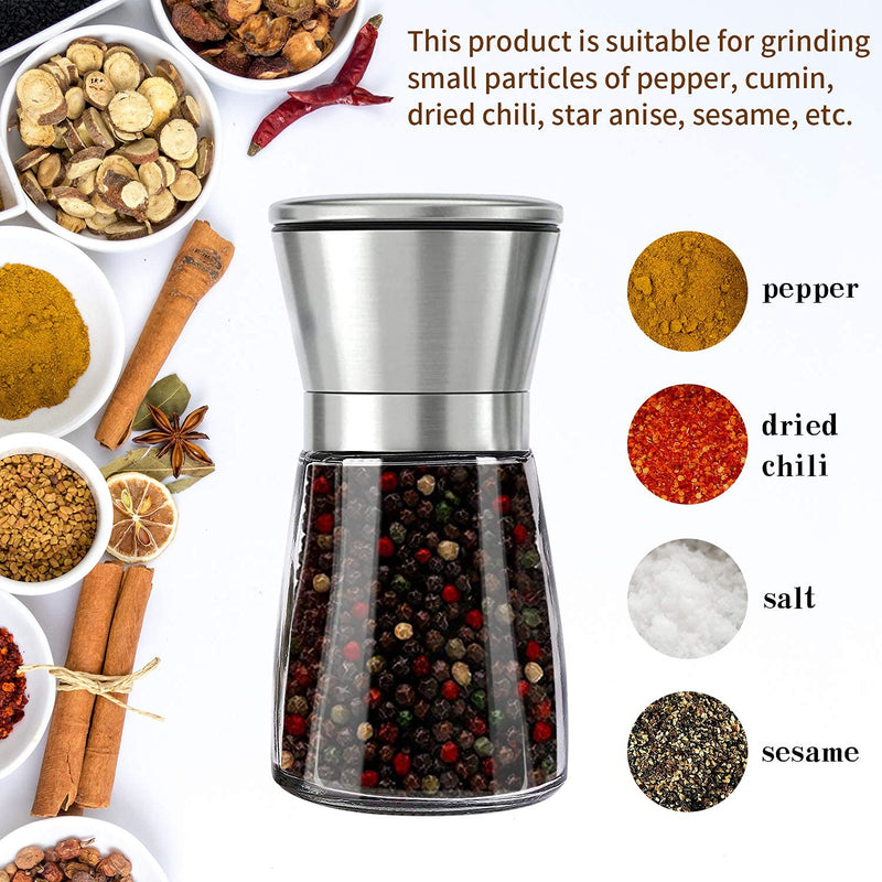[Australia - AusPower] - Herda 2 Pack Refillable Salt and Pepper Grinders Set - Pepper Mill with Stainless Steel Head- Short Glass Shakers with Adjustable Coarseness for Sea Salt, Black Peppercorn, Spices 6oz 