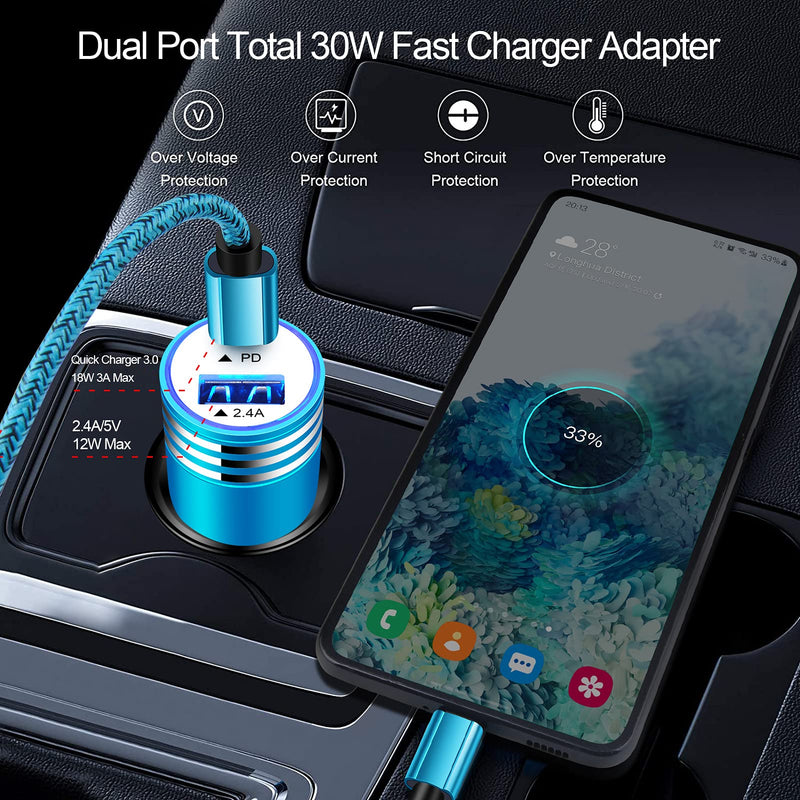 [Australia - AusPower] - Android Type C PD3.0 USB C Car Adapter Plug Fast Charging for Samsung Galaxy S22+/S22 Ultra/S21 Ultra/S21 Plus/S20 FE/Note 20/A32/A42/A52/A51/A71/S10/S9/S8/A11/A12/A22/A13, Rapid Car Charger Total 30W Black Blue(PD+2.4A) 