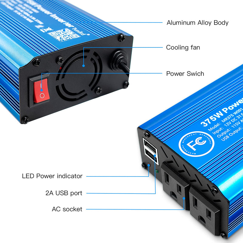 [Australia - AusPower] - TVNIKD car Power Inverter Rate 375W / Peak 750W DC to AC 12V to 110V Power Converter Adapter with 2 AC 2 USB Port… Blue 