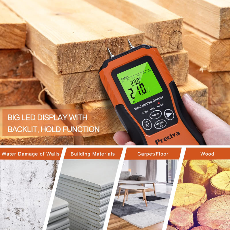 [Australia - AusPower] - Wood Moisture Meter, Preciva Digital Moisture Detector, Wood Humidity Tester, Water Leak Detector with 8 Modes, Wood and Building Material Dampness Inspection with Backlit LCD Display (Black) Black 
